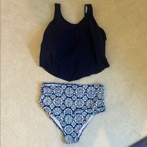 Navy Tankini Top and Blue Patterned Bottoms